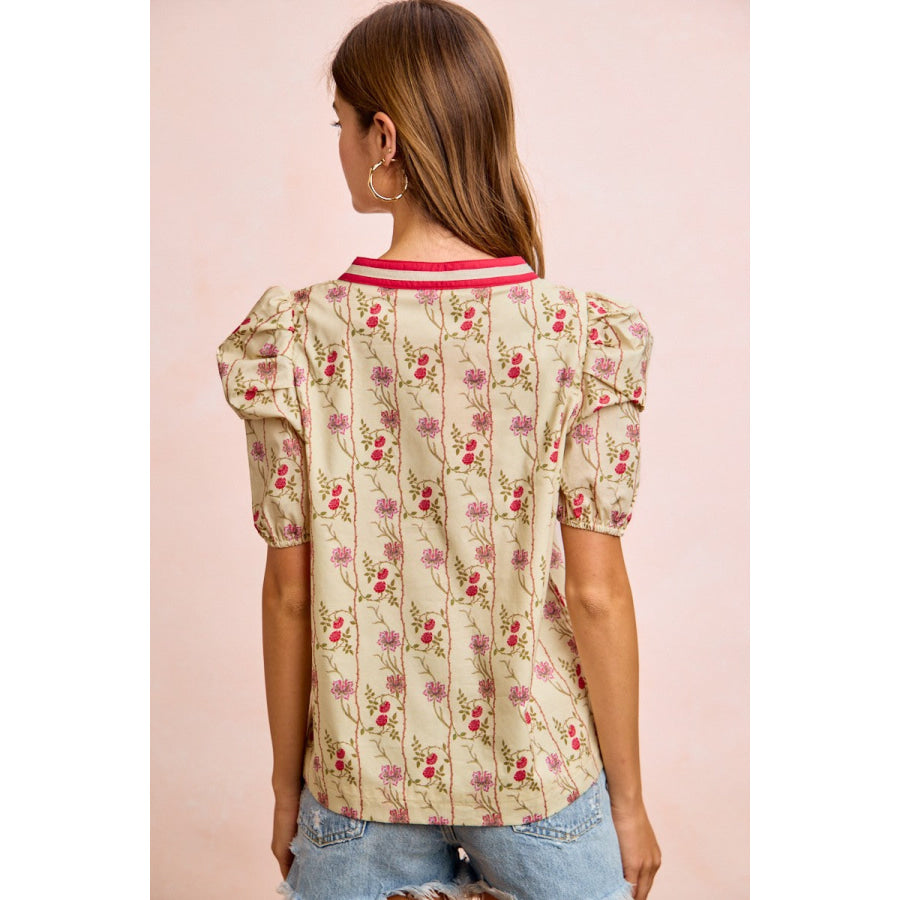BiBi Floral Gather Sleeves Contrast Neckband Blouse Top Apparel and Accessories