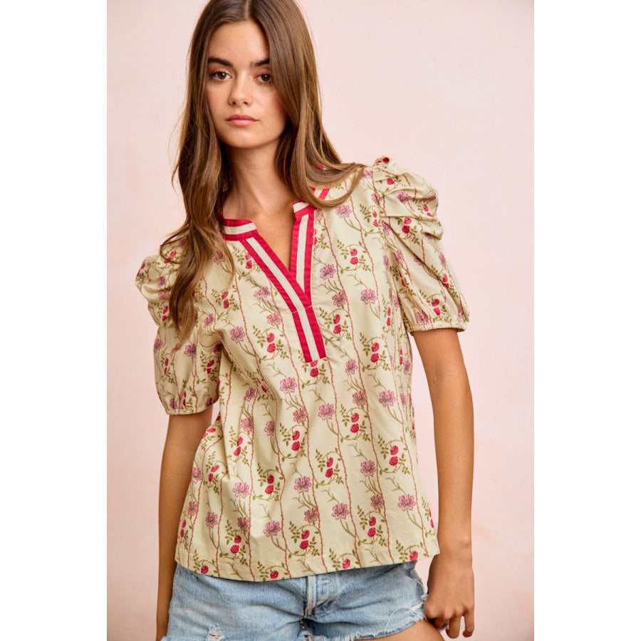 BiBi Floral Gather Sleeves Contrast Neckband Blouse Top Apparel and Accessories