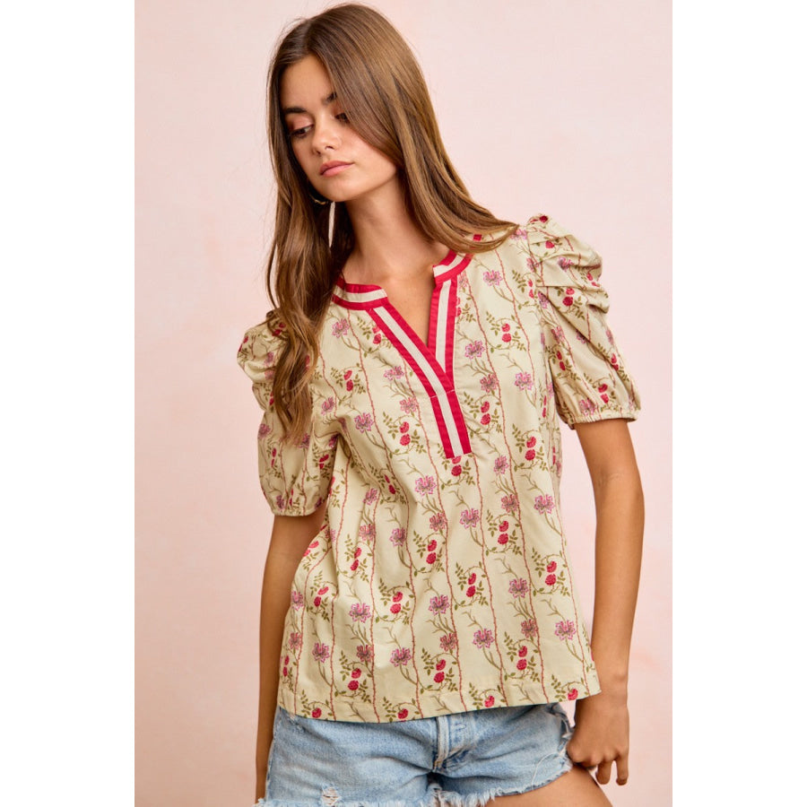 BiBi Floral Gather Sleeves Contrast Neckband Blouse Top Apparel and Accessories