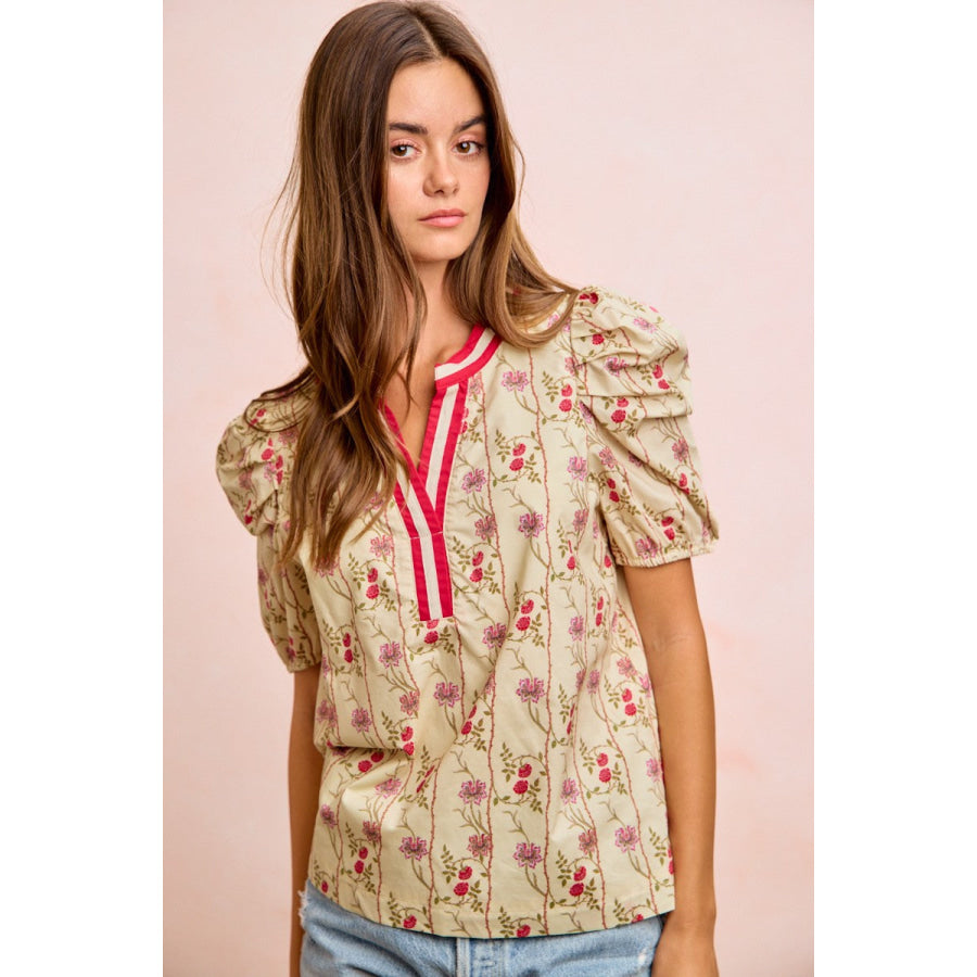 BiBi Floral Gather Sleeves Contrast Neckband Blouse Top Apparel and Accessories
