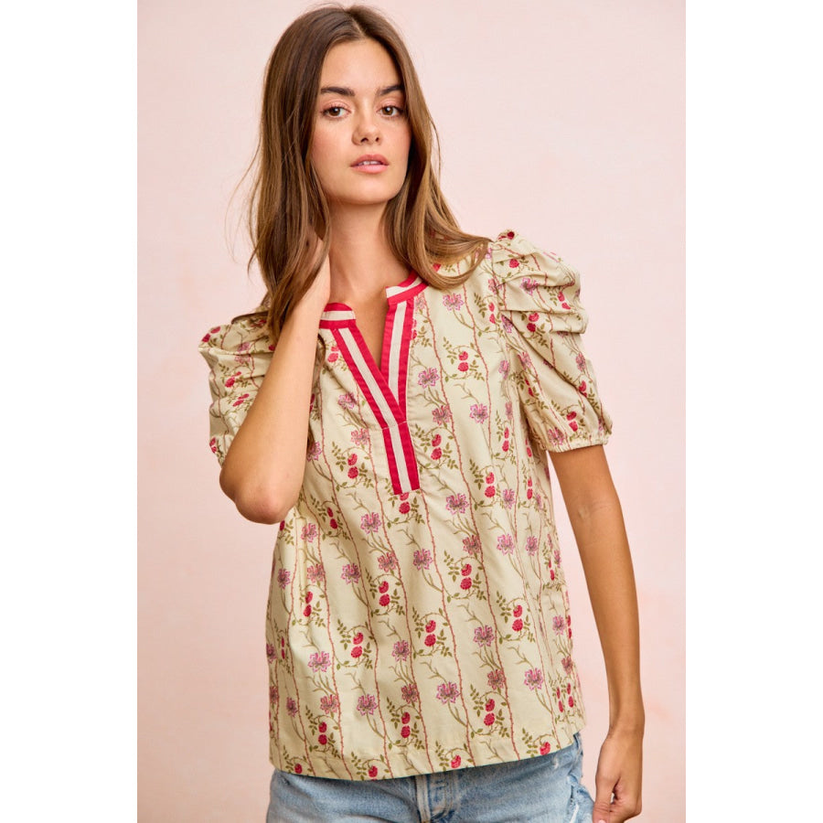 BiBi Floral Gather Sleeves Contrast Neckband Blouse Top Apparel and Accessories