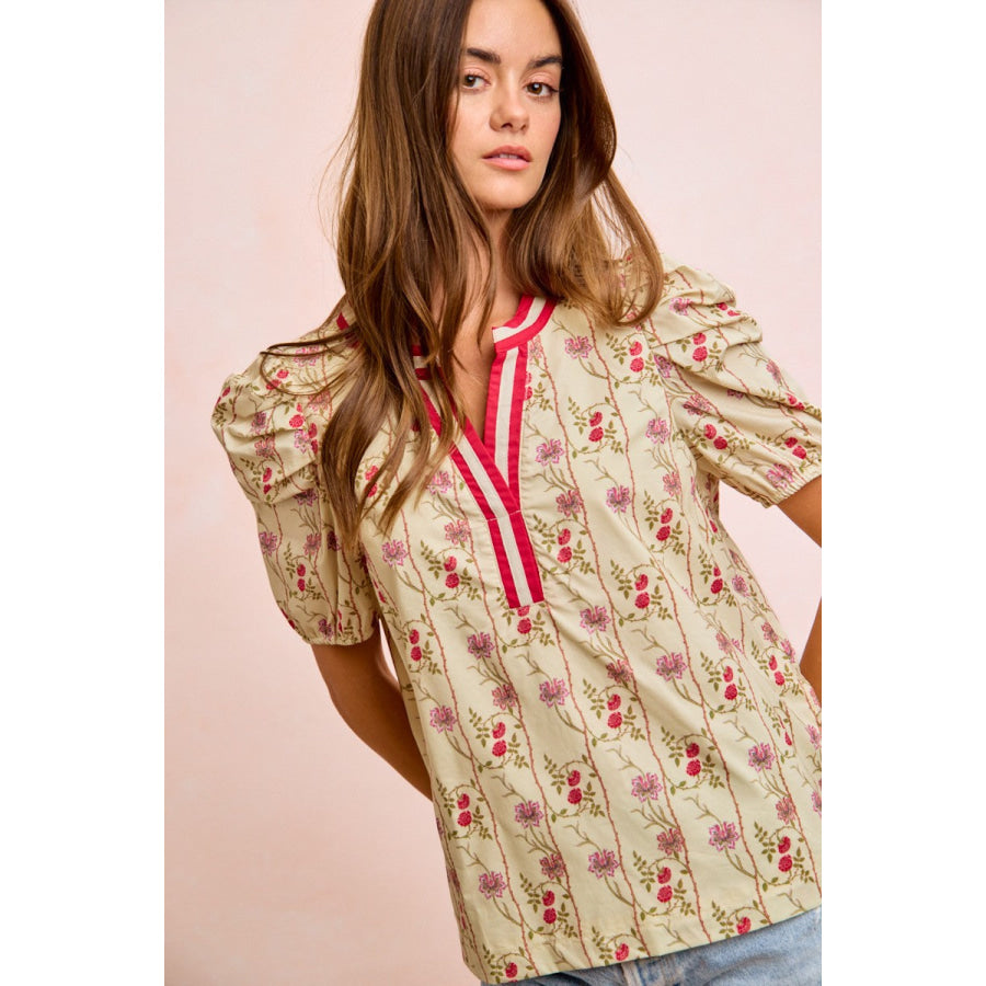 BiBi Floral Gather Sleeves Contrast Neckband Blouse Top Apparel and Accessories