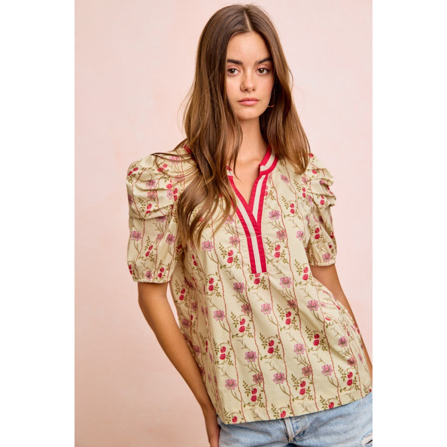 BiBi Floral Gather Sleeves Contrast Neckband Blouse Top Apparel and Accessories