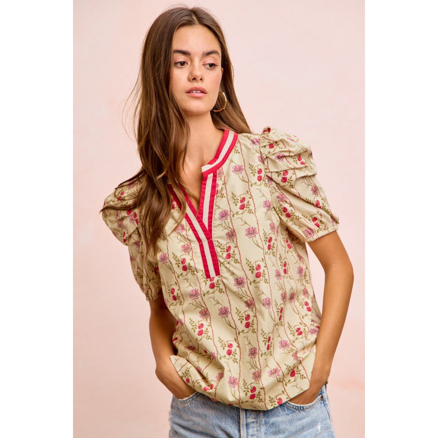 BiBi Floral Gather Sleeves Contrast Neckband Blouse Top Apparel and Accessories