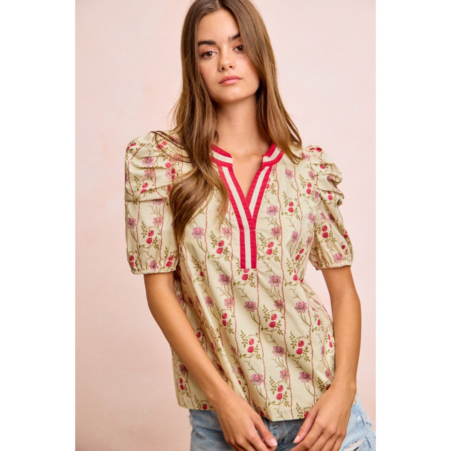 BiBi Floral Gather Sleeves Contrast Neckband Blouse Top Apparel and Accessories