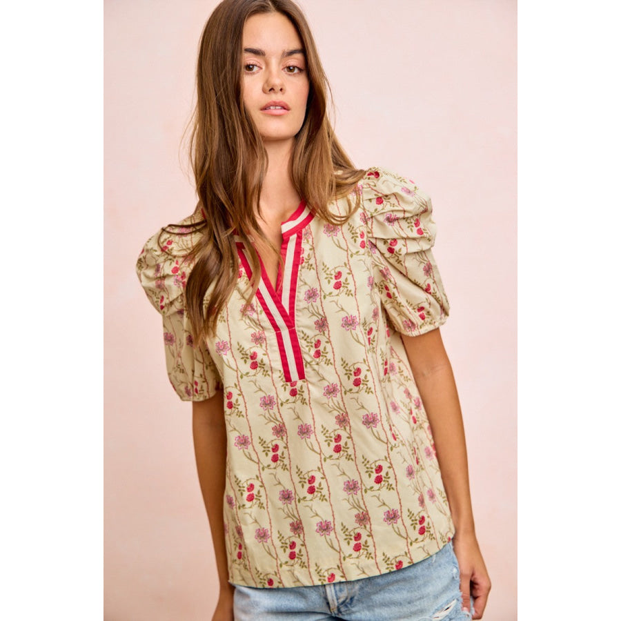 BiBi Floral Gather Sleeves Contrast Neckband Blouse Top CREAM FLORAL / S Apparel and Accessories