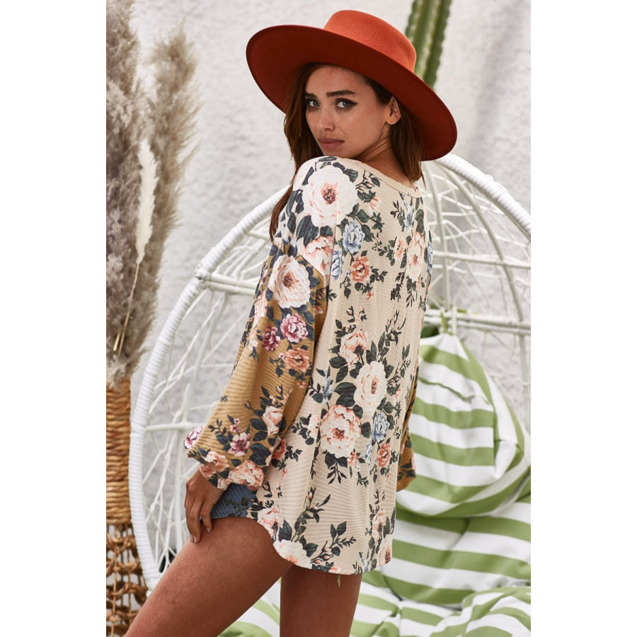 BiBi Floral Jacquard Color Block Top Ivory/Mustard/Teal / S Apparel and Accessories