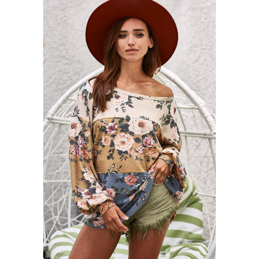 BiBi Floral Jacquard Color Block Top Ivory/Mustard/Teal / S Apparel and Accessories