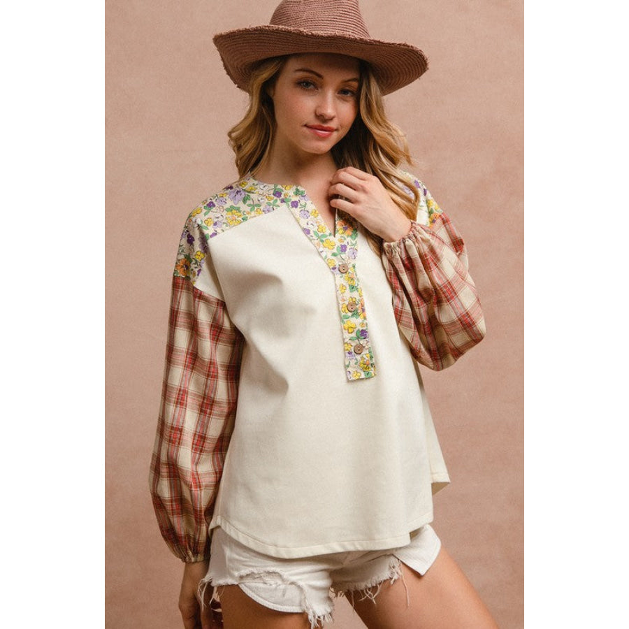 BiBi Floral Notched Plaid Balloon Sleeve Top Apparel and Accessories