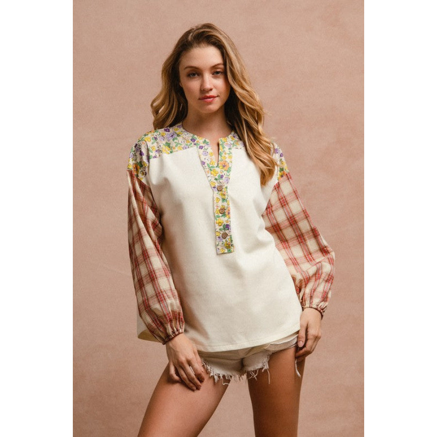 BiBi Floral Notched Plaid Balloon Sleeve Top Apparel and Accessories