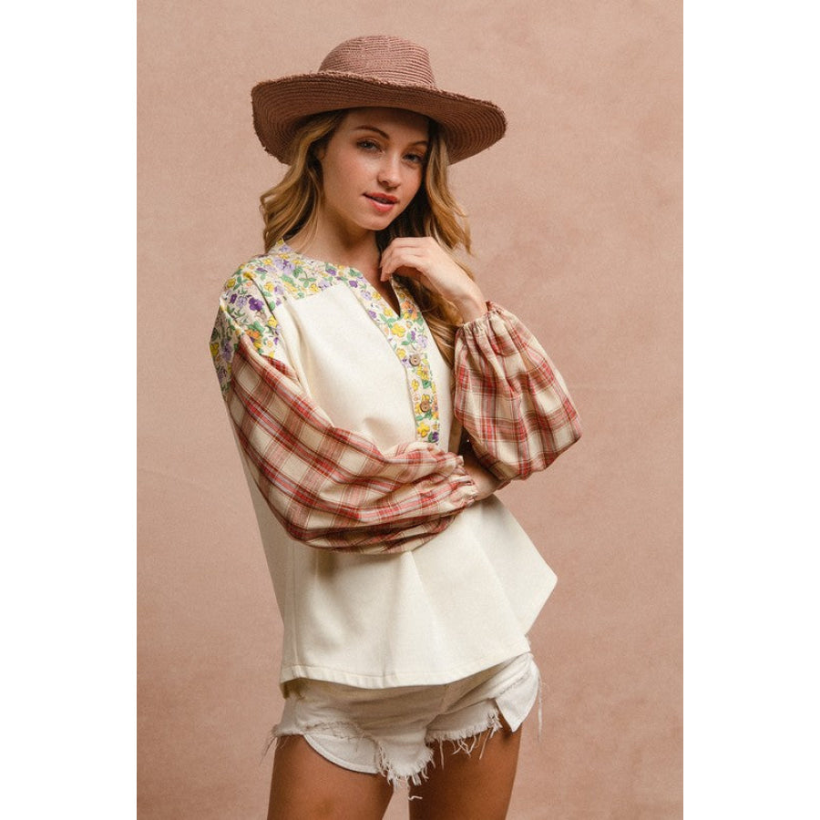 BiBi Floral Notched Plaid Balloon Sleeve Top Apparel and Accessories