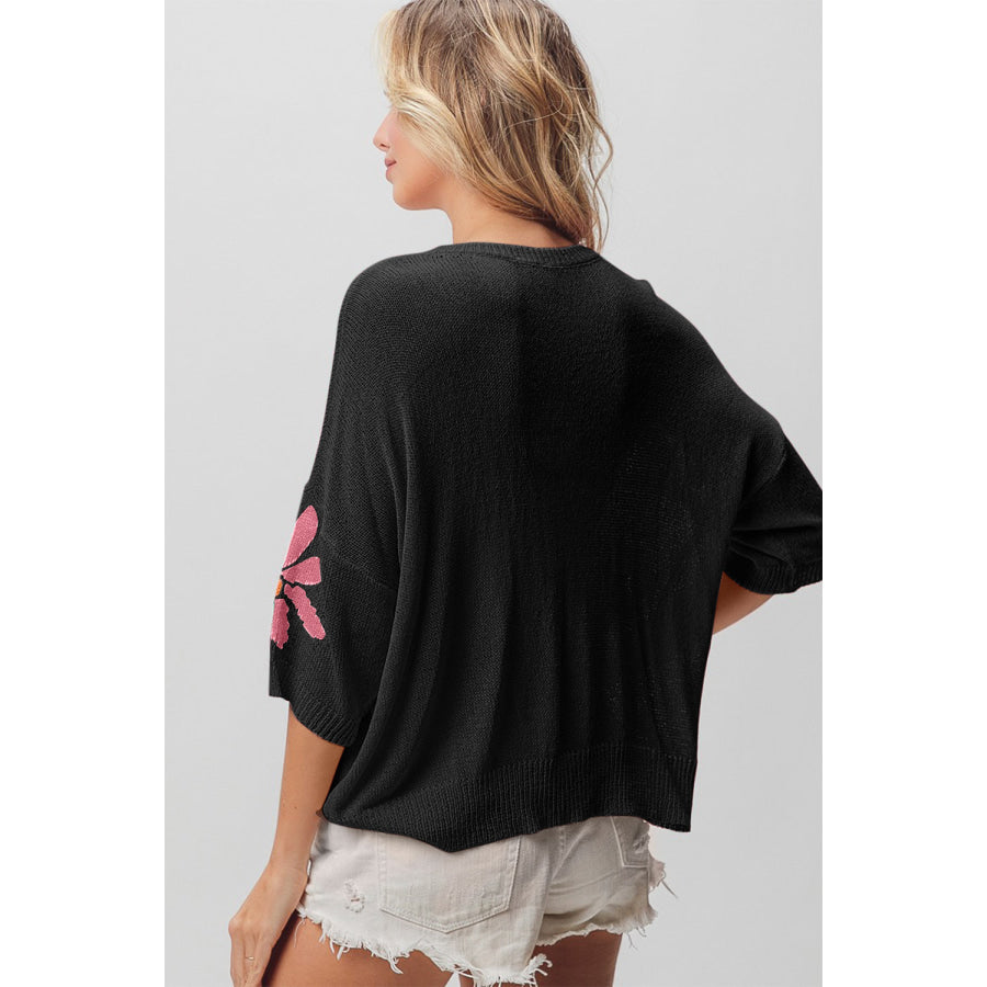 BiBi Floral Pattern Cropped Sweater Black/Pink/Fuchsia / S Apparel and Accessories