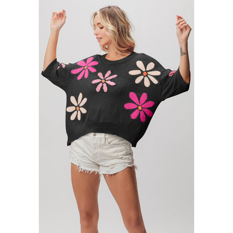 BiBi Floral Pattern Cropped Sweater Apparel and Accessories