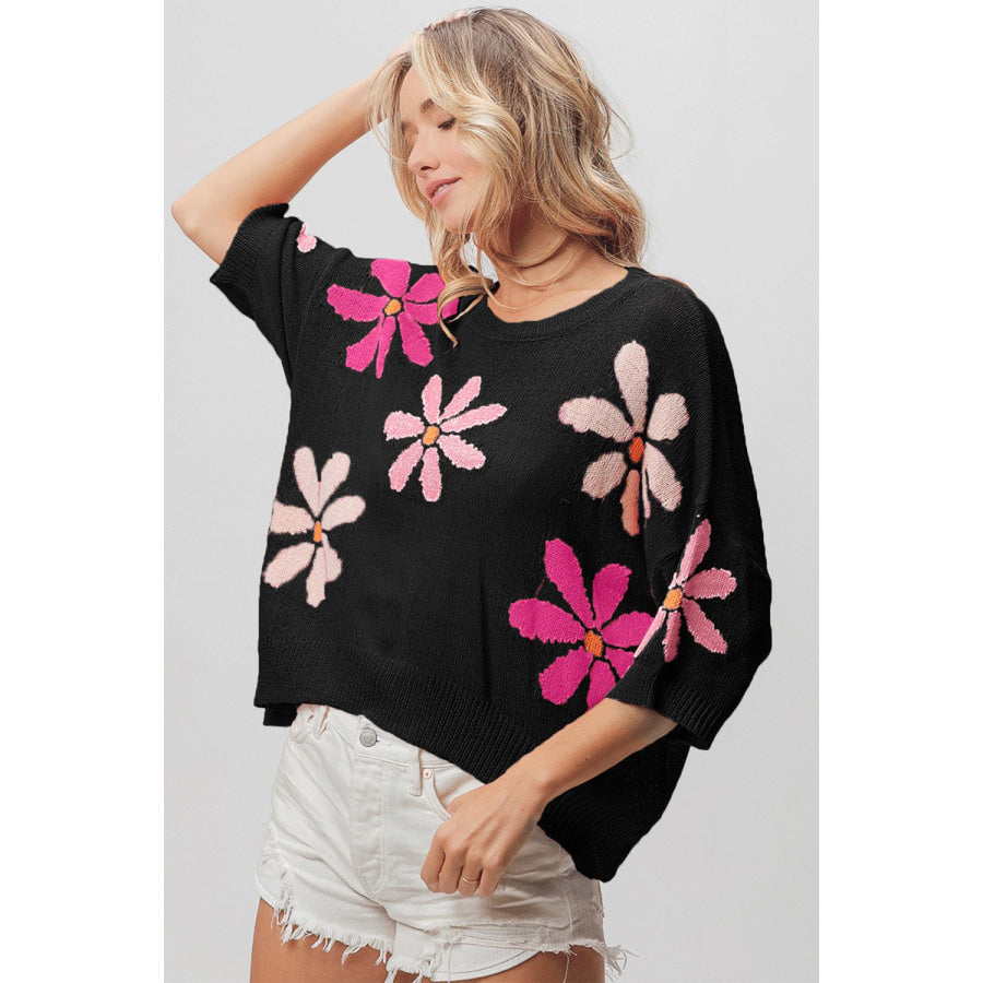 BiBi Floral Pattern Cropped Sweater Black/Pink/Fuchsia / S Apparel and Accessories