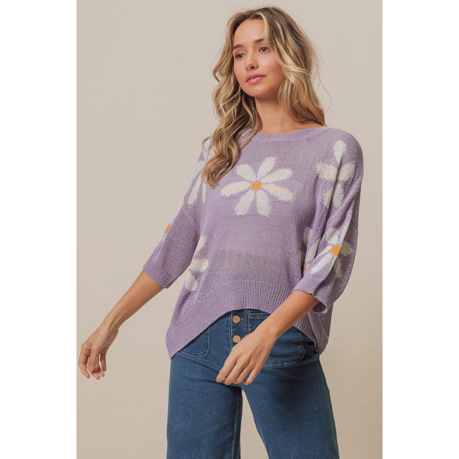 BiBi Floral Pattern Slit Sweater Apparel and Accessories