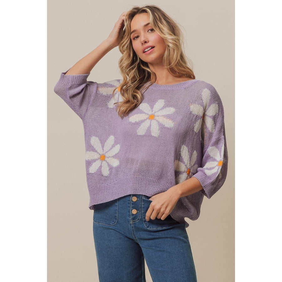 BiBi Floral Pattern Slit Sweater Lavender/Ivory / S Apparel and Accessories