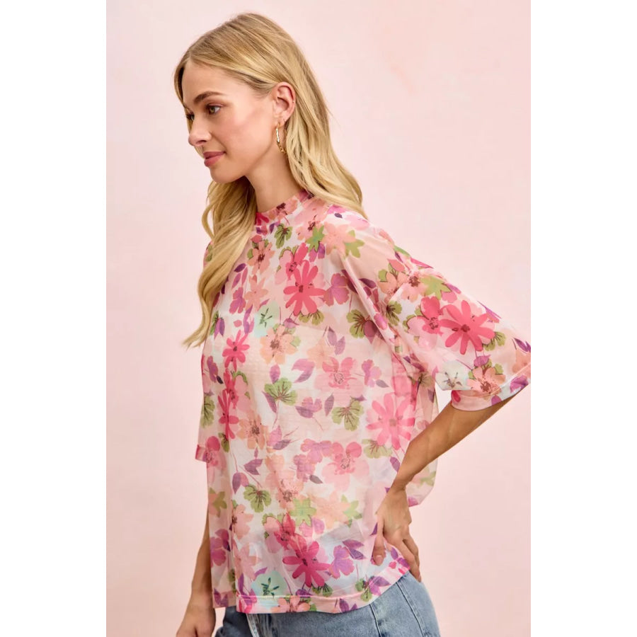 BiBi Floral Print Short Sleeves Boxy Mesh Top Apparel and Accessories