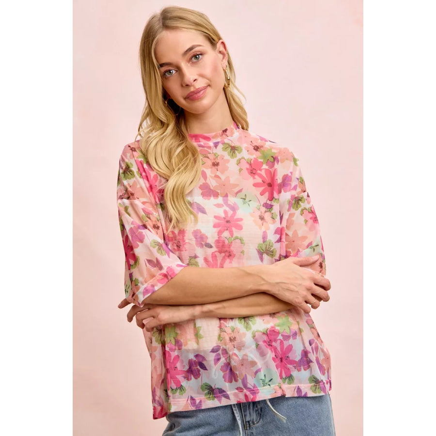 BiBi Floral Print Short Sleeves Boxy Mesh Top Apparel and Accessories
