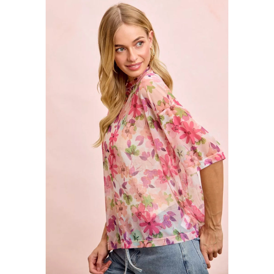 BiBi Floral Print Short Sleeves Boxy Mesh Top Apparel and Accessories