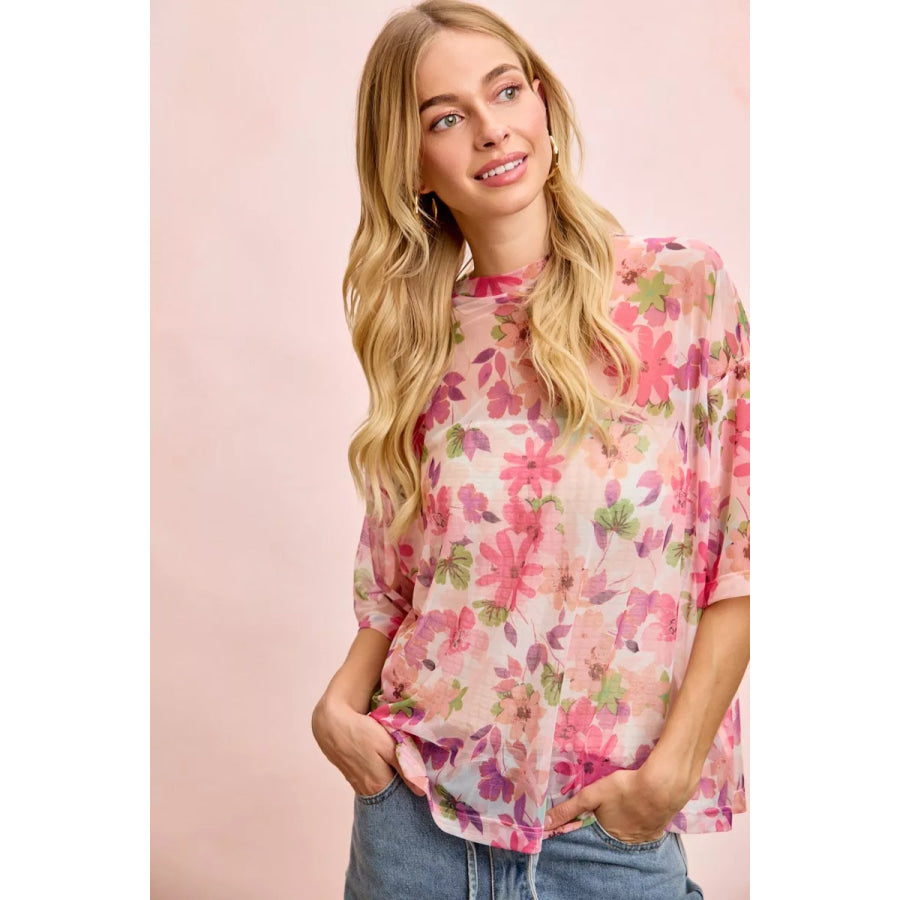 BiBi Floral Print Short Sleeves Boxy Mesh Top Apparel and Accessories