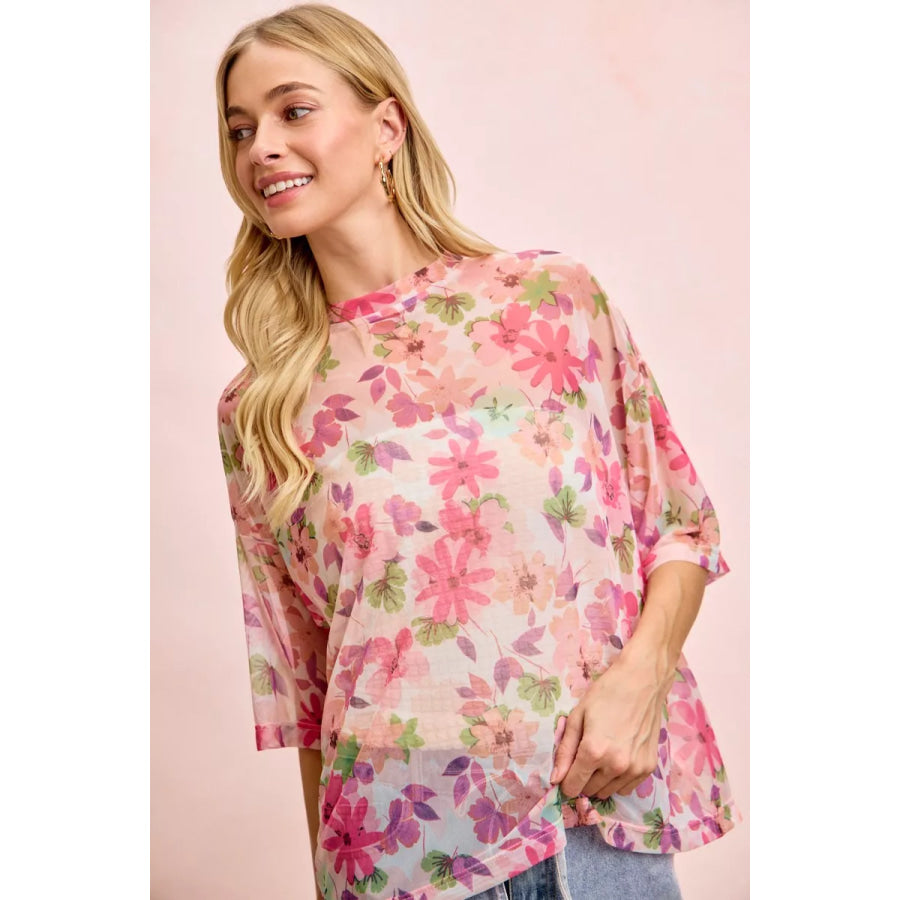 BiBi Floral Print Short Sleeves Boxy Mesh Top Apparel and Accessories