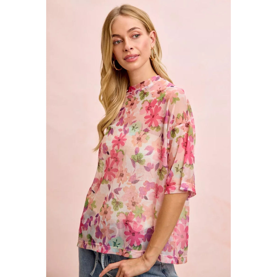 BiBi Floral Print Short Sleeves Boxy Mesh Top Apparel and Accessories