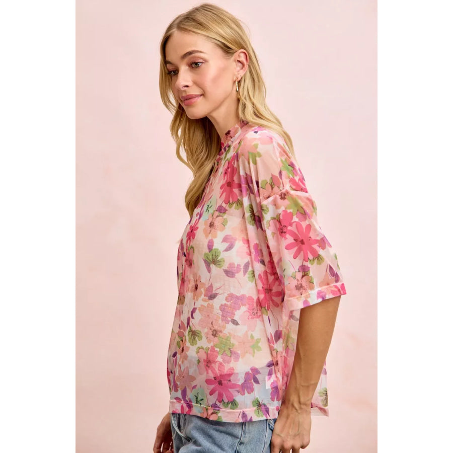 BiBi Floral Print Short Sleeves Boxy Mesh Top Apparel and Accessories