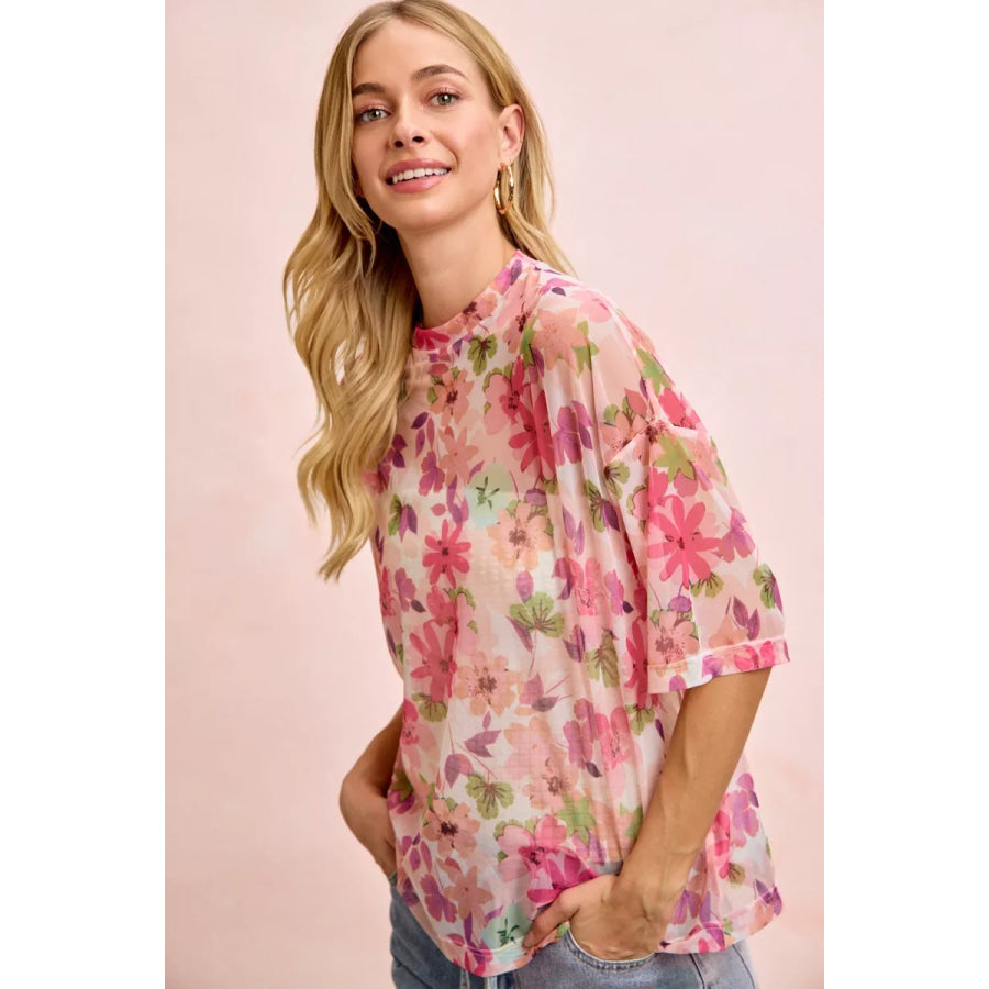 BiBi Floral Print Short Sleeves Boxy Mesh Top Apparel and Accessories