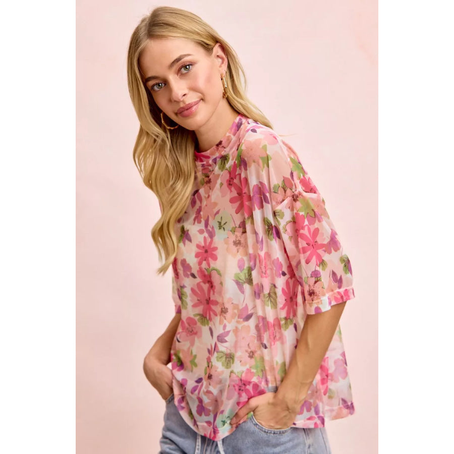 BiBi Floral Print Short Sleeves Boxy Mesh Top Apparel and Accessories