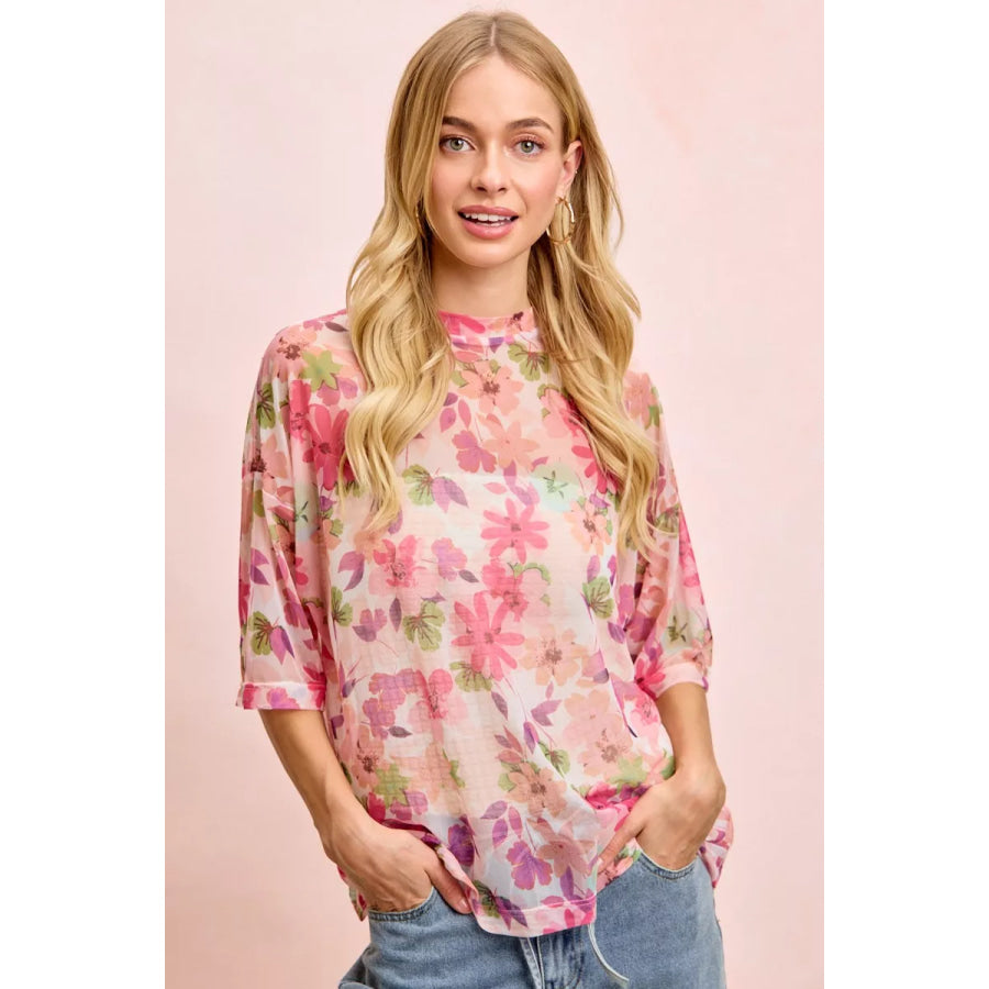 BiBi Floral Print Short Sleeves Boxy Mesh Top Apparel and Accessories