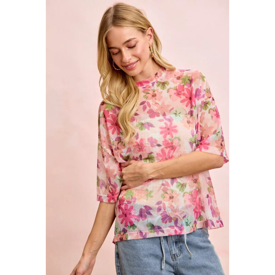 BiBi Floral Print Short Sleeves Boxy Mesh Top Apparel and Accessories