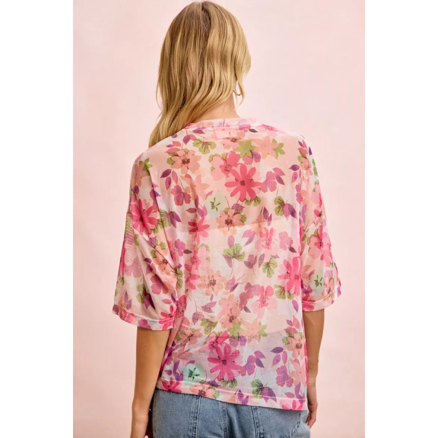 BiBi Floral Print Short Sleeves Boxy Mesh Top Apparel and Accessories