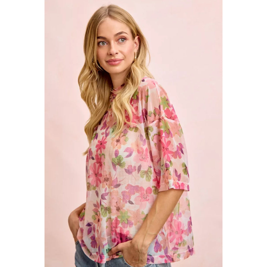 BiBi Floral Print Short Sleeves Boxy Mesh Top Apparel and Accessories