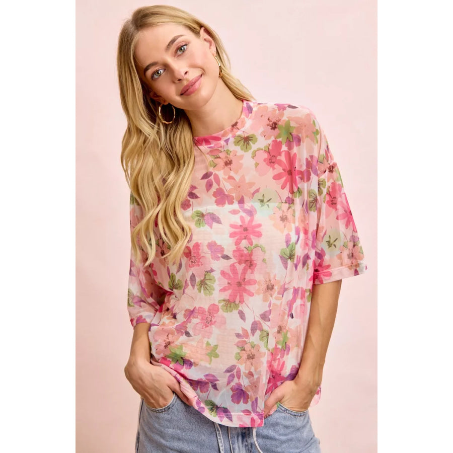 BiBi Floral Print Short Sleeves Boxy Mesh Top PINK MULTI / S Apparel and Accessories