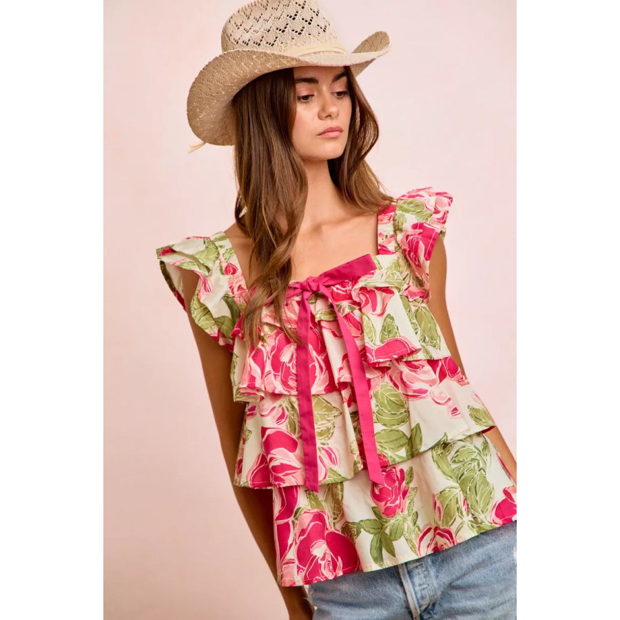 BiBi Floral Print Woven Bow Tie Ruffle Square Neck Top Apparel and Accessories