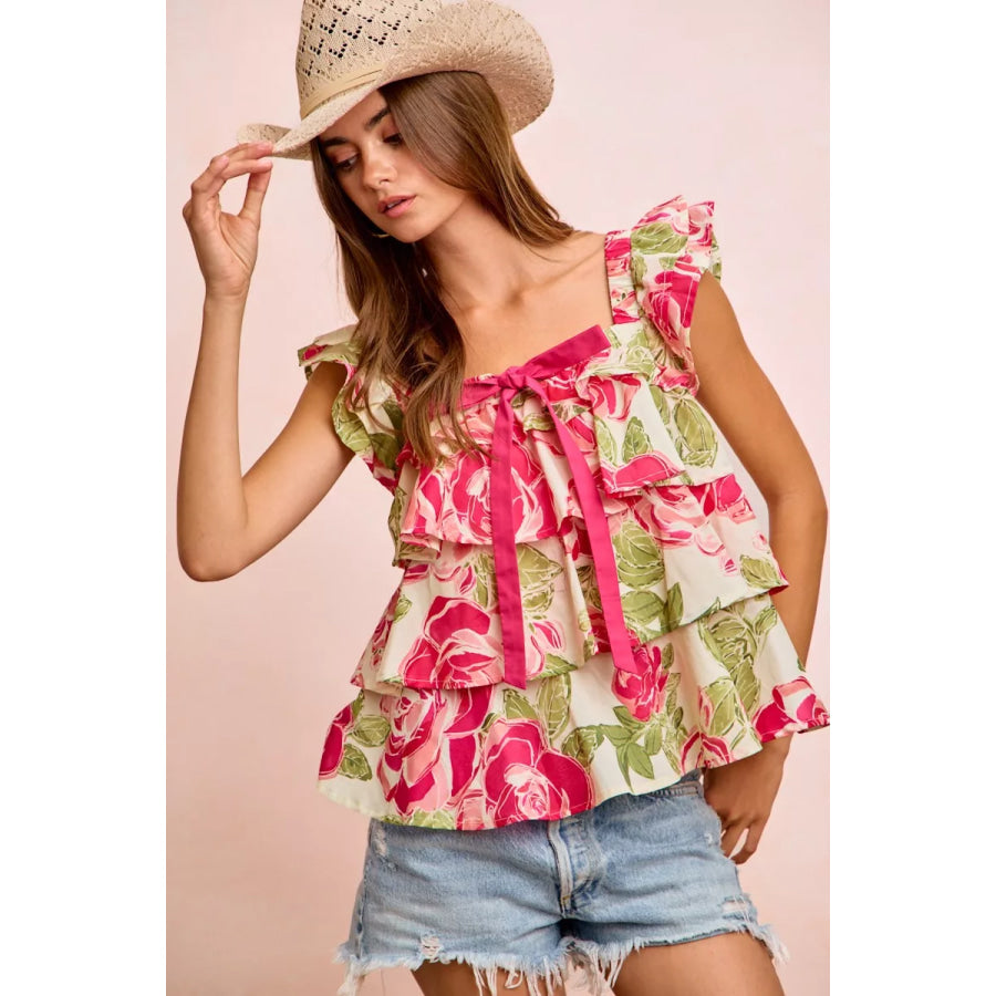 BiBi Floral Print Woven Bow Tie Ruffle Square Neck Top Apparel and Accessories