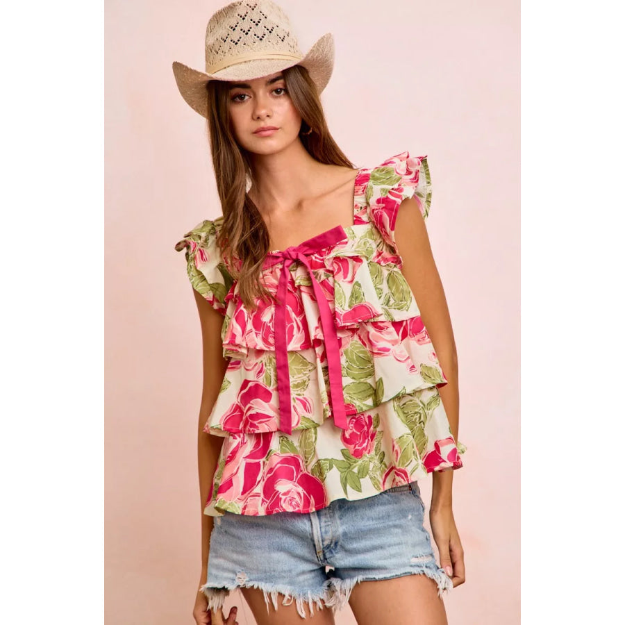 BiBi Floral Print Woven Bow Tie Ruffle Square Neck Top Apparel and Accessories