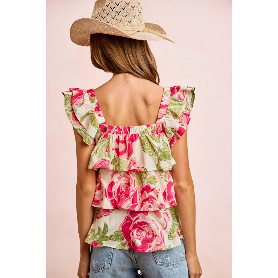 BiBi Floral Print Woven Bow Tie Ruffle Square Neck Top Apparel and Accessories
