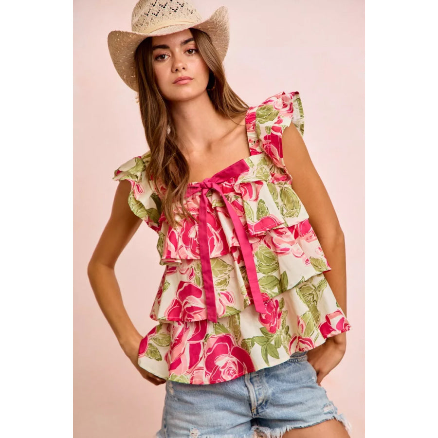 BiBi Floral Print Woven Bow Tie Ruffle Square Neck Top Apparel and Accessories