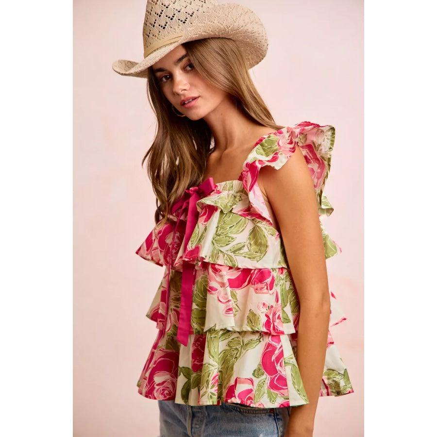 BiBi Floral Print Woven Bow Tie Ruffle Square Neck Top Apparel and Accessories