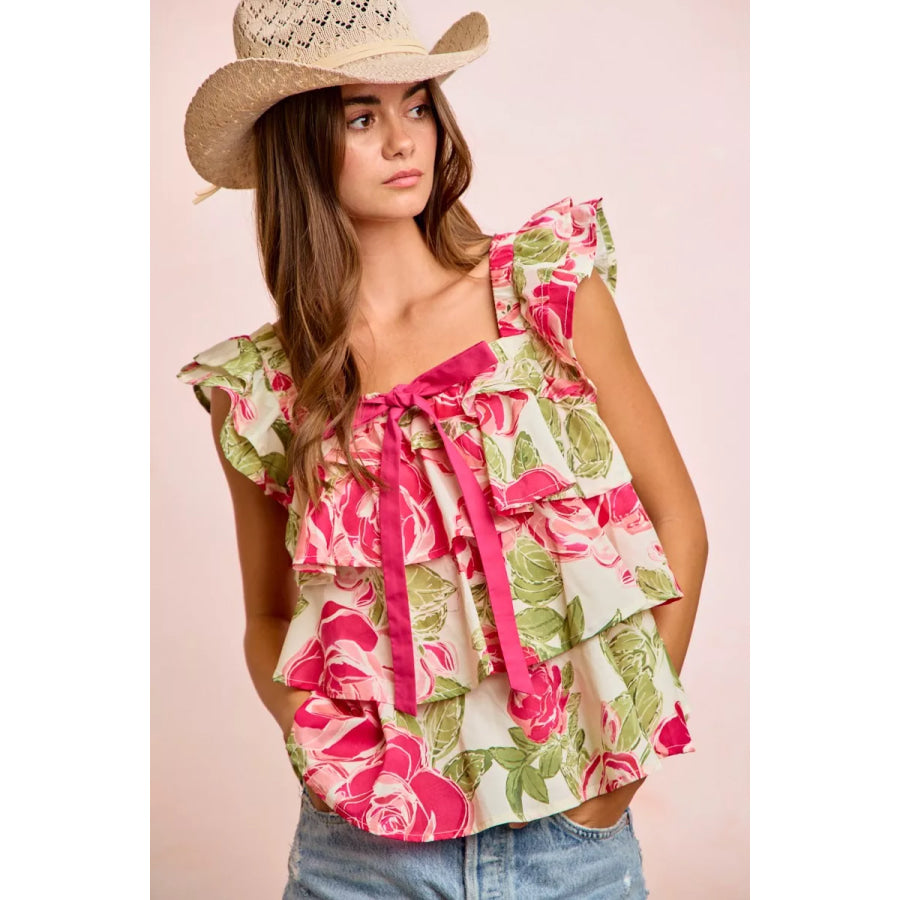 BiBi Floral Print Woven Bow Tie Ruffle Square Neck Top Apparel and Accessories
