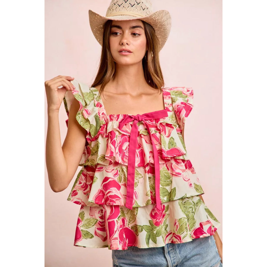 BiBi Floral Print Woven Bow Tie Ruffle Square Neck Top Floral / S Apparel and Accessories