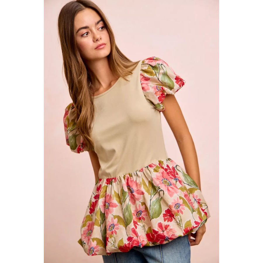 BiBi Floral Printed Bubble Sleeves and Hem Peplum Top Apparel and Accessories