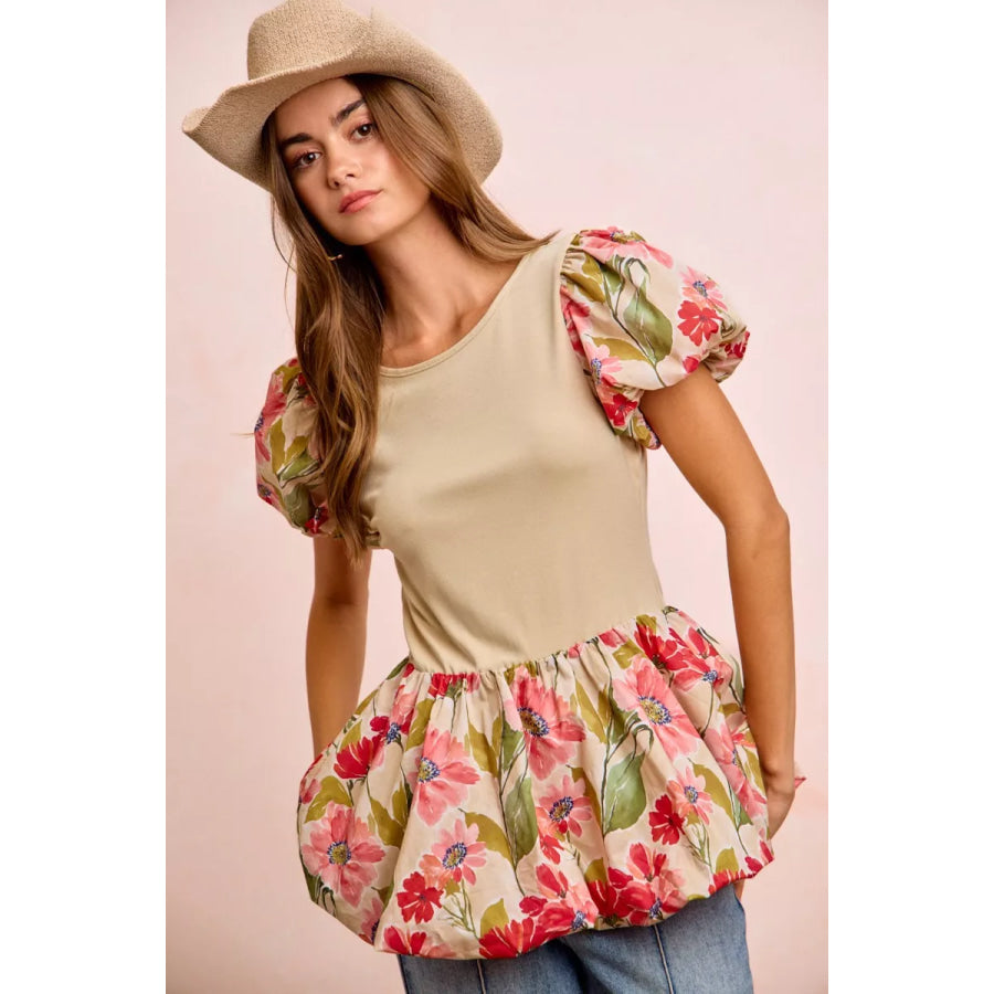 BiBi Floral Printed Bubble Sleeves and Hem Peplum Top Apparel and Accessories