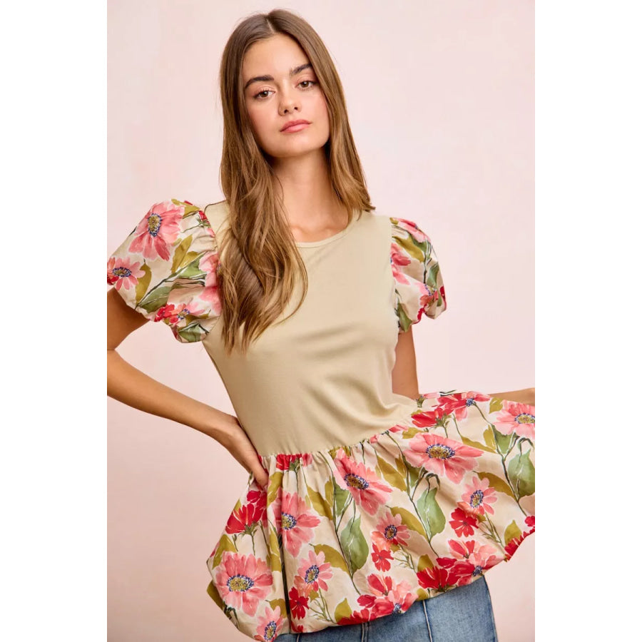 BiBi Floral Printed Bubble Sleeves and Hem Peplum Top Apparel and Accessories