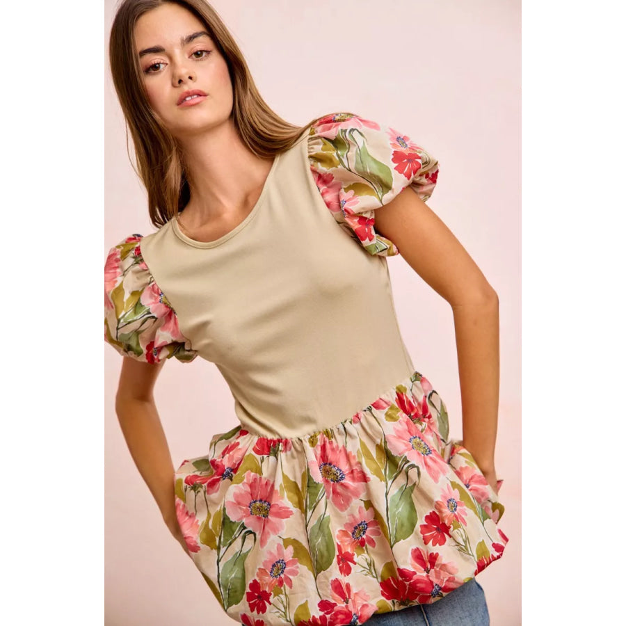 BiBi Floral Printed Bubble Sleeves and Hem Peplum Top Apparel and Accessories