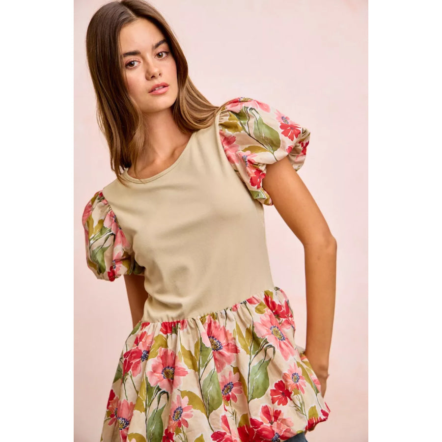 BiBi Floral Printed Bubble Sleeves and Hem Peplum Top Apparel and Accessories