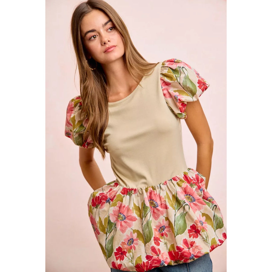 BiBi Floral Printed Bubble Sleeves and Hem Peplum Top Apparel and Accessories