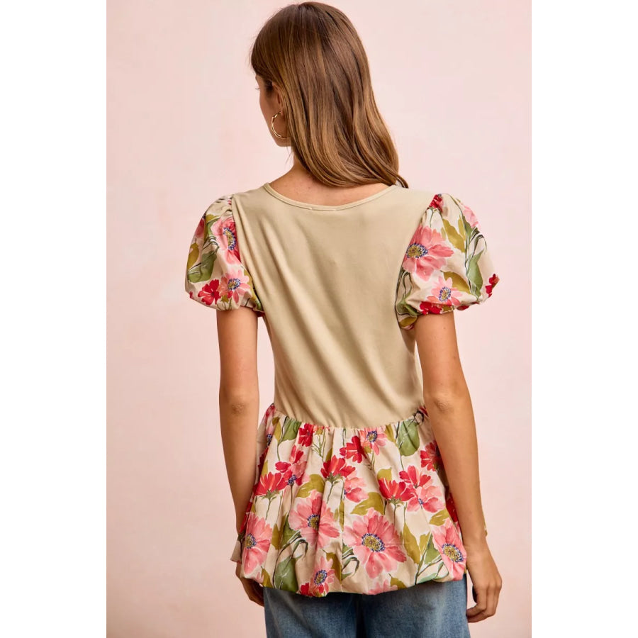 BiBi Floral Printed Bubble Sleeves and Hem Peplum Top Apparel and Accessories