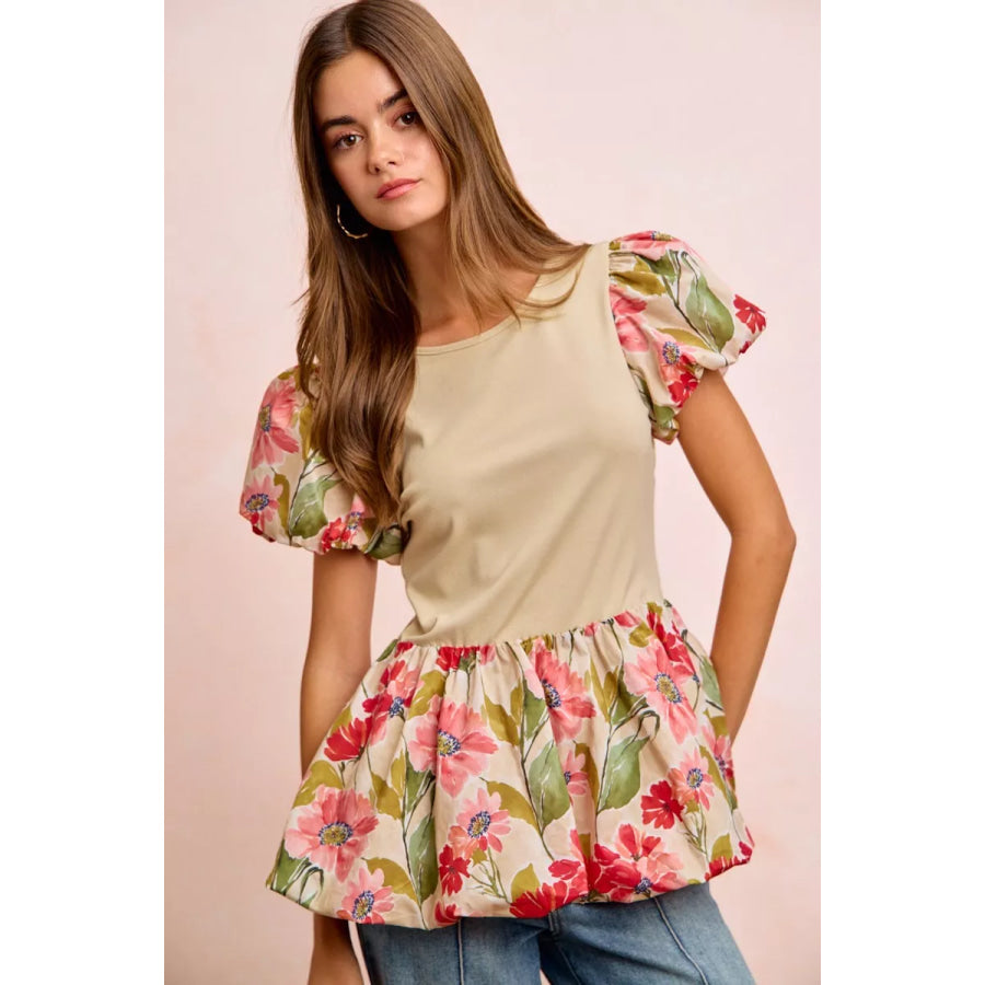BiBi Floral Printed Bubble Sleeves and Hem Peplum Top Apparel and Accessories